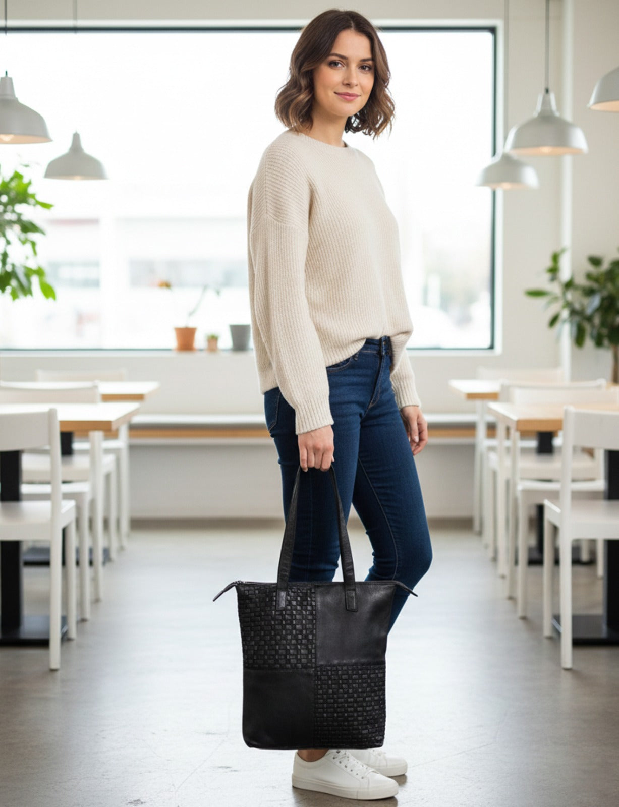 LONGREACH PANELLED LEATHER TOTE BAG- A-0002-BLACK- NEW IN