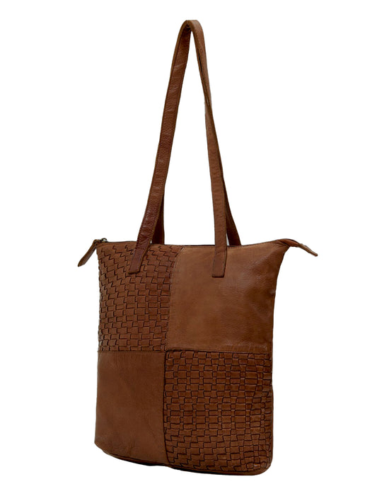 LONGREACH PANELLED LEATHER TOTE BAG- A-0002-COGNAC- NEW IN