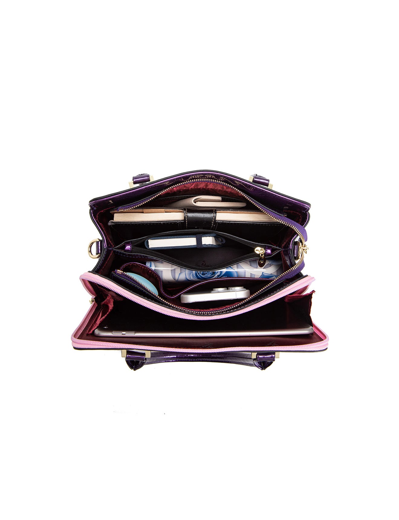 ANGELIQUE GRIP HANDLE LEATHER BAG-SN57-0343- PINK & PUR ZIPS- SALE
