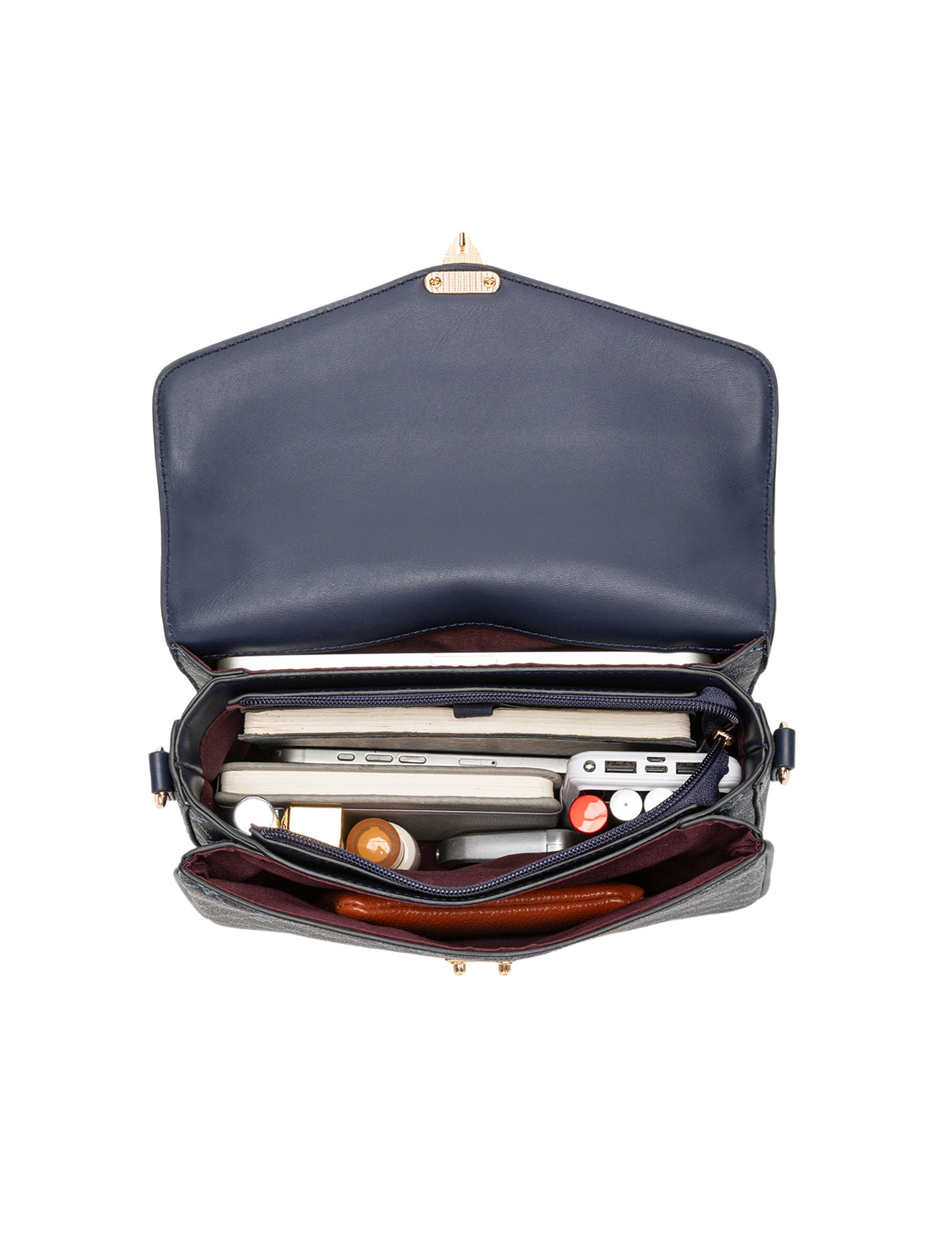 NAPLES TRIPLE COMPARTMENT BAG W/ CHAIN DETAIL AND ADJUSTABLE XBODY STRAP - NAVY