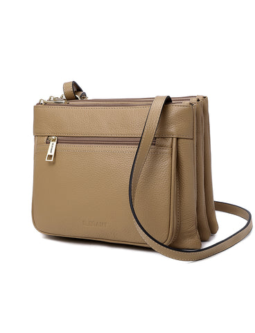 FRAN TRIPLE COMPARTMENT LEATHER XBODY BAG- CAMEL