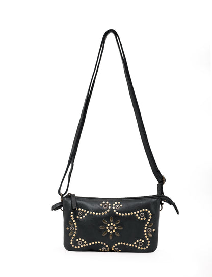 FITZROY STUDDED CROSS BODY BAG W/ ADJUSTABLE STRAP - BLACK