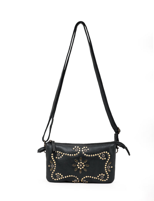 FITZROY STUDDED CROSS BODY BAG W/ ADJUSTABLE STRAP - BLACK