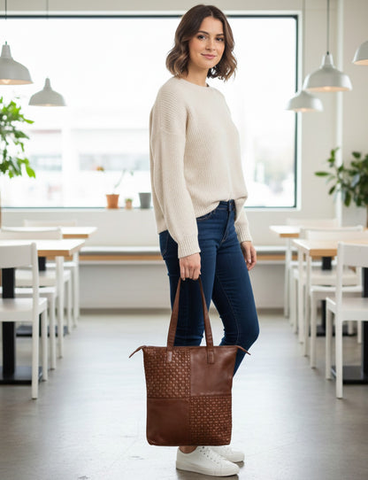 LONGREACH PANELLED LEATHER  TOTE BAG- A-0002-COGNAC- NEW IN