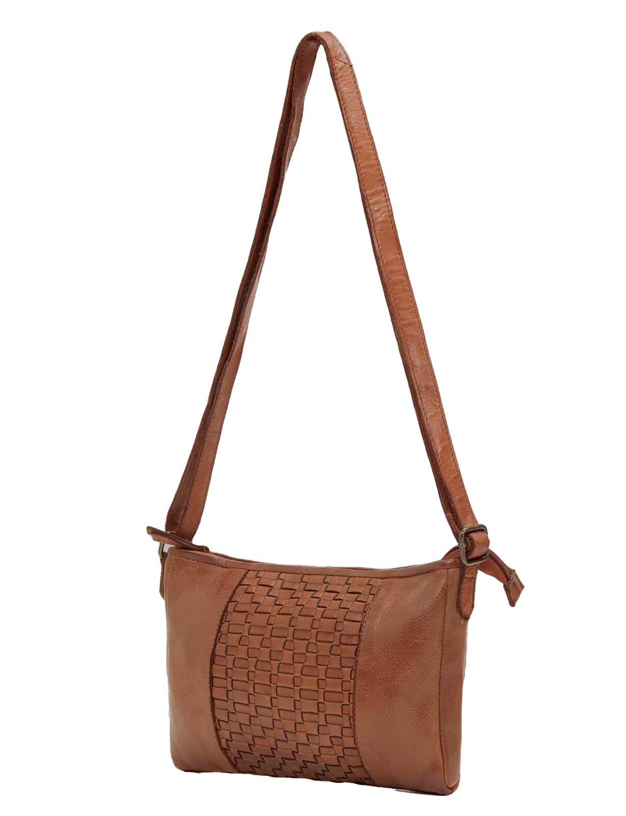JINDABYNE SML WOVEN PANELLED LEATHER XBODY BAG- A-0003-COGNAC- NEW IN
