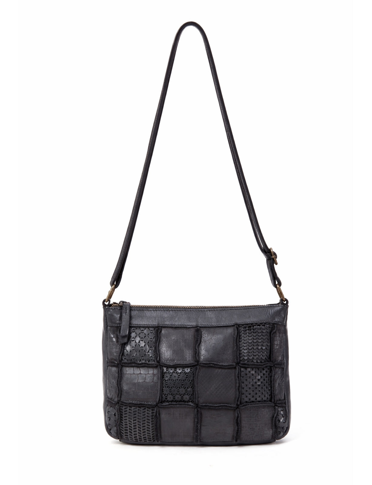 TAMWORTH PATCHWORK DETAIL LEATHER XBODY BAG- A-0012-BLK- NEW IN