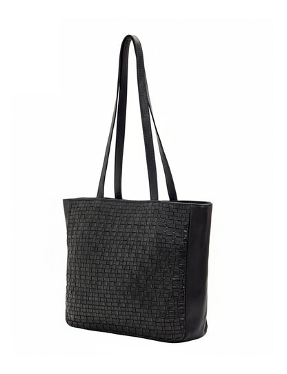 COOKTOWN WOVEN LEATHER TOTE BAG- A-0013-BLK- NEW IN