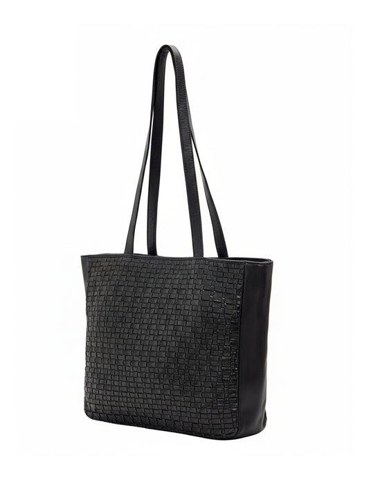 COOKTOWN WOVEN LEATHER TOTE BAG- A-0013-BLK- NEW IN