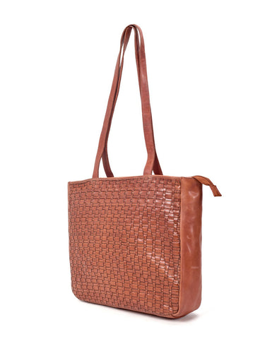 COOKTOWN WOVEN LEATHER TOTE BAG- A-0013-TAN- NEW IN