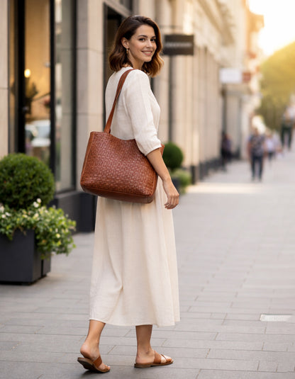 COOKTOWN WOVEN LEATHER TOTE BAG- A-0013-TAN- NEW IN