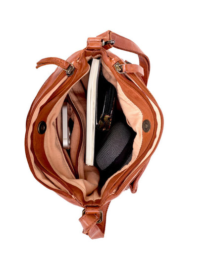 TAMBORINE MULTICOMPARTMENT LEATHER XBODY BAG- A-0020-TAN- NEW IN