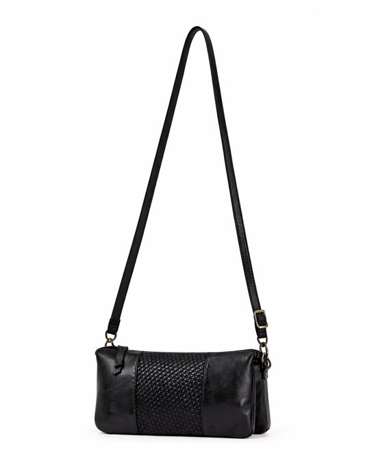 KIAMA WOVEN PANEL DETAIL LEATHER XBODY BAG- A-0022-BLK- NEW IN