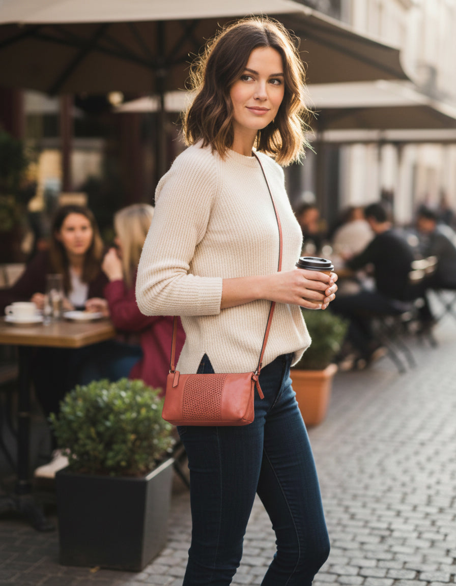 KIAMA WOVEN PANEL DETAIL LEATHER XBODY BAG- A-0022-TAN- NEW IN