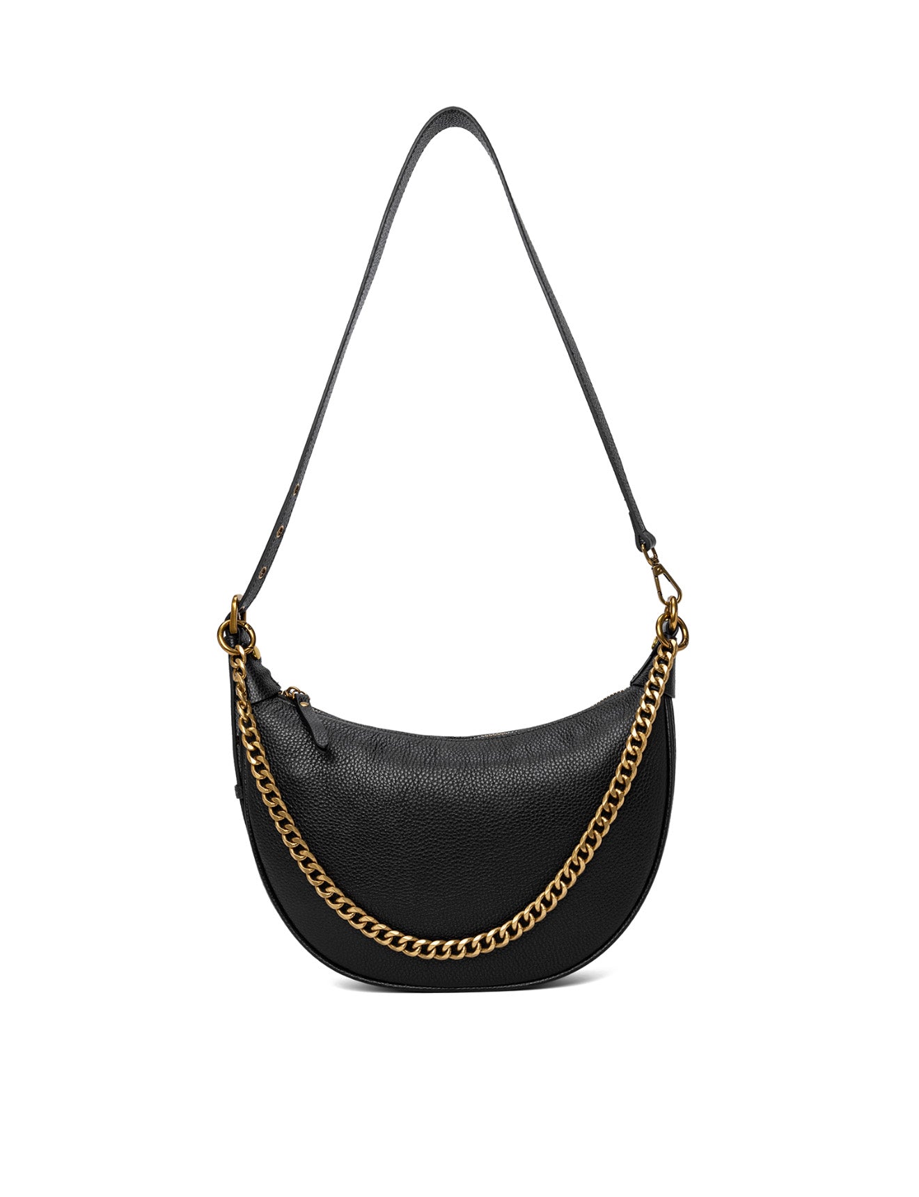 SOFIA LEATHER SHOULDER STRAP BAG w/ CHAIN DETAIL - BLACK