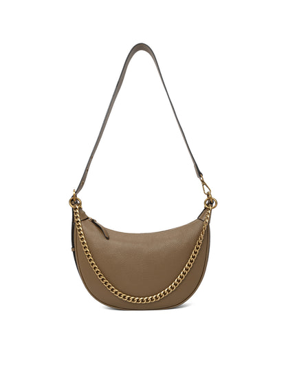 SOFIA LEATHER SHOULDER STRAP BAG w/ CHAIN DETAIL - KHAKI