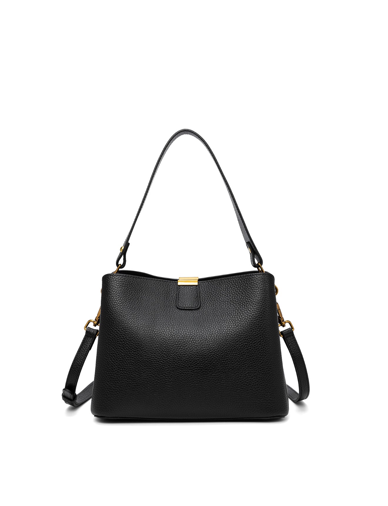 OLIVIA LEATHER BUCKET BAG W/ STRAP - BLACK