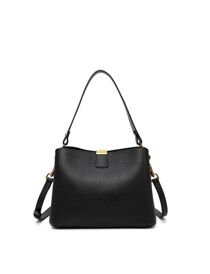 OLIVIA LEATHER BUCKET BAG W/ STRAP - BLACK