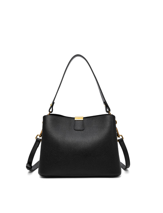 OLIVIA LEATHER BUCKET BAG W/ STRAP - BLACK