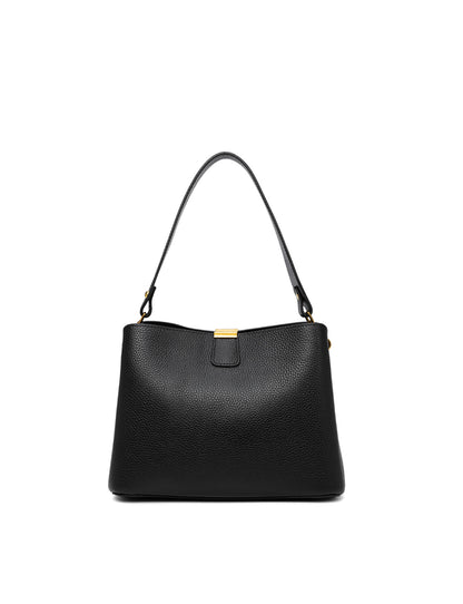 OLIVIA LEATHER BUCKET BAG W/ STRAP - BLACK