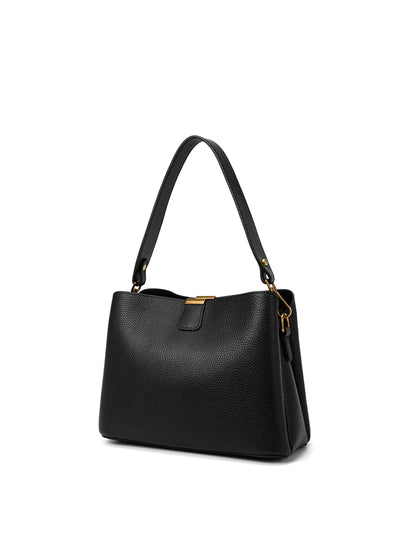 OLIVIA LEATHER BUCKET BAG W/ STRAP - BLACK