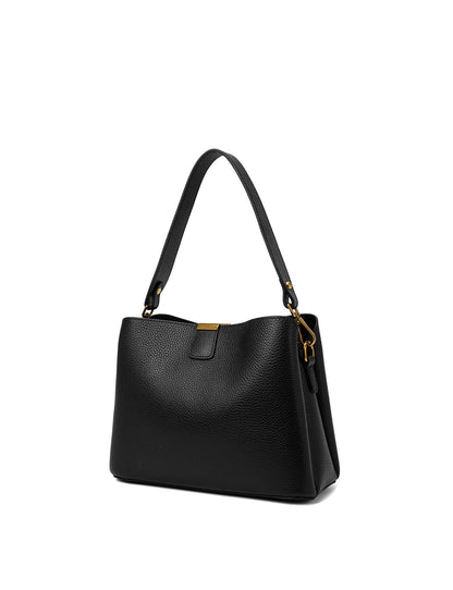 OLIVIA LEATHER BUCKET BAG W/ STRAP - BLACK