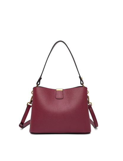 OLIVIA LEATHER BUCKET BAG W/ STRAP - BURGUNDY