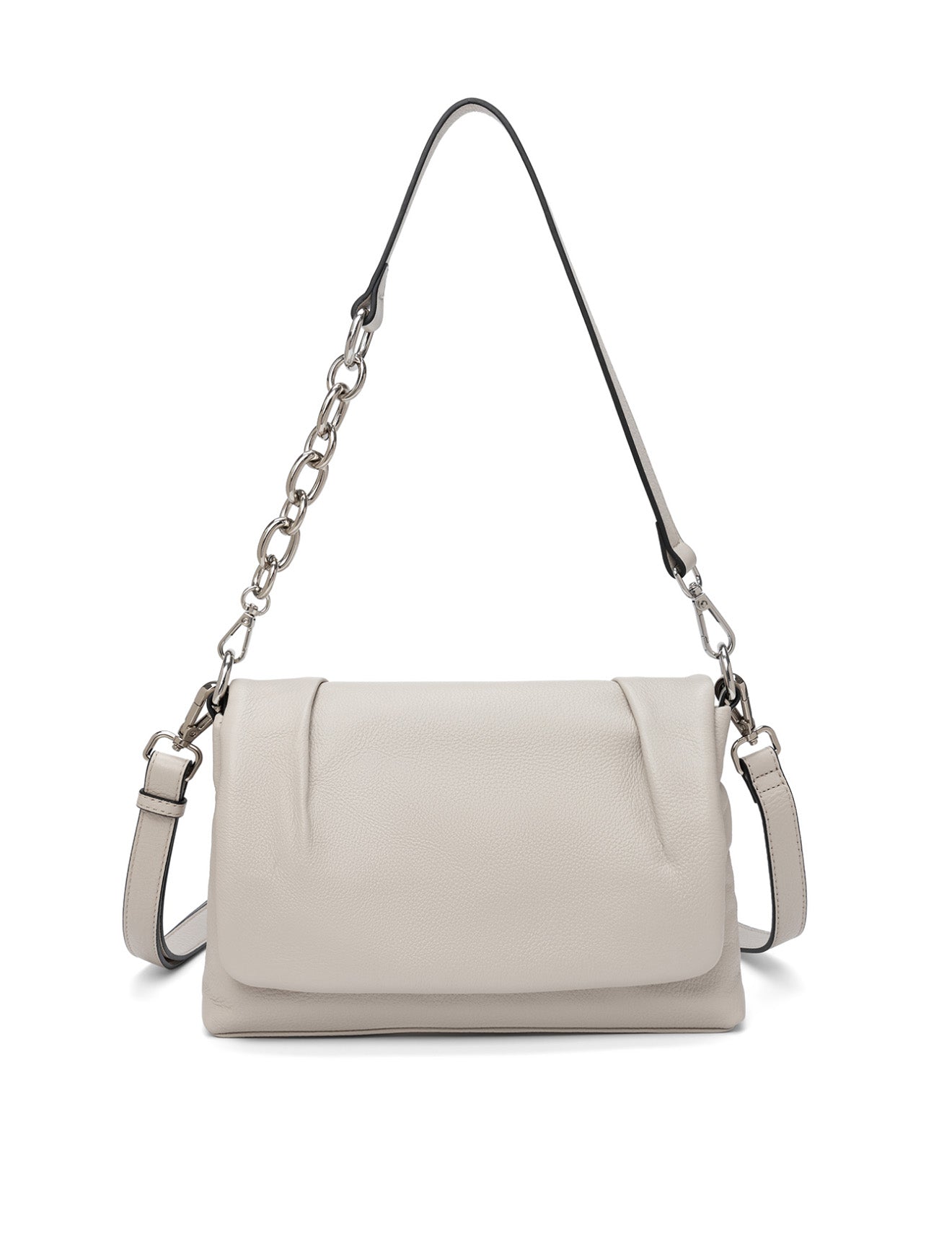 COURTNEY LEATHER CROSS BODY BAG W/ CHAIN HANDLE DETAIL - BEIGE
