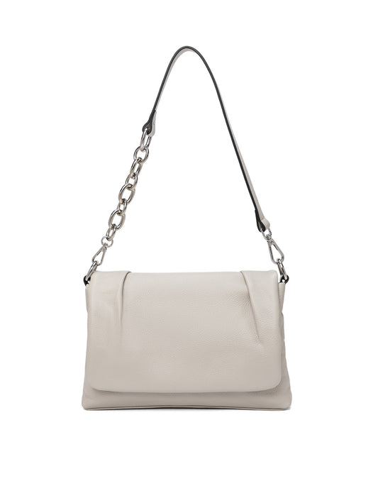 COURTNEY LEATHER CROSS BODY BAG W/ CHAIN HANDLE DETAIL - BEIGE