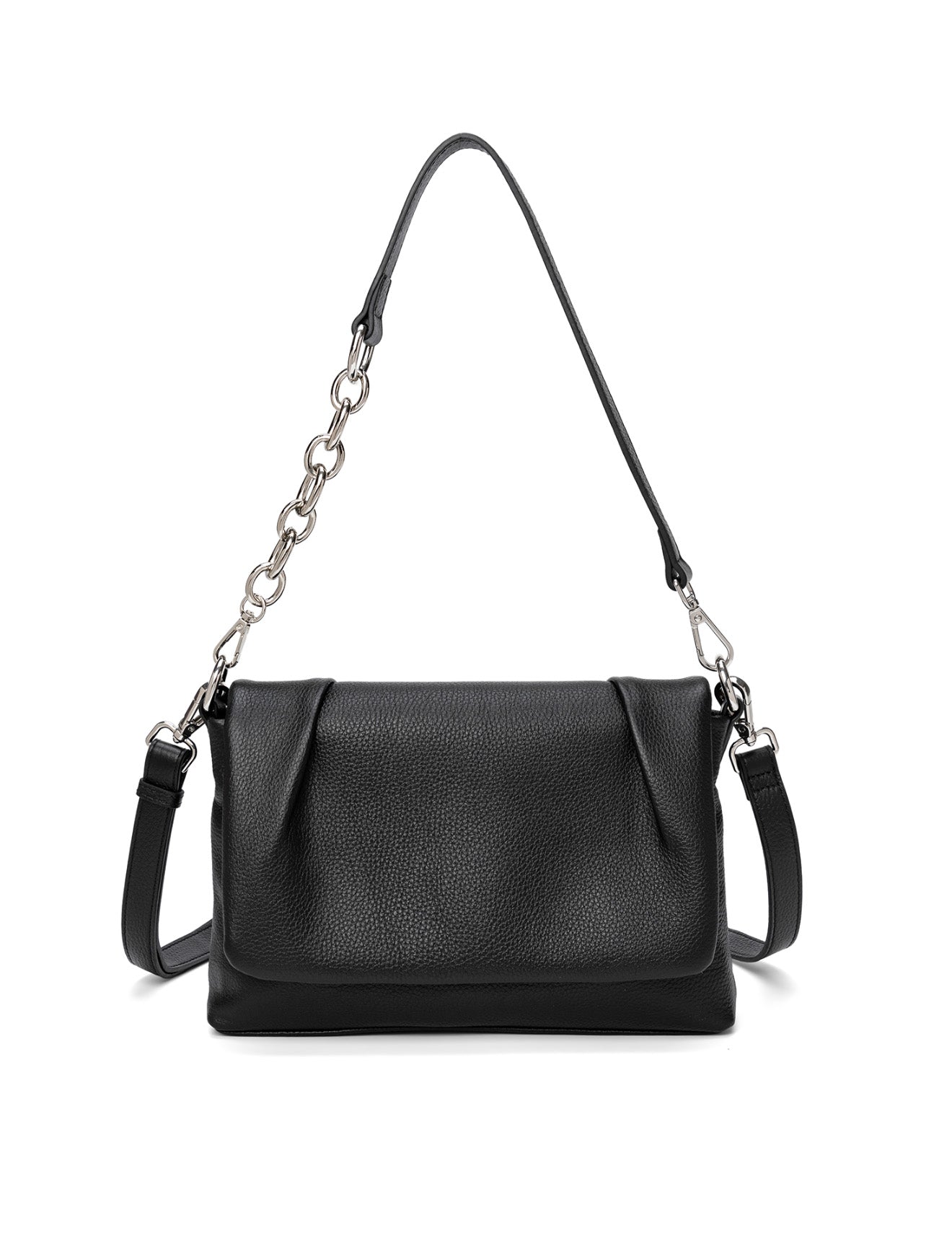 COURTNEY LEATHER CROSS BODY BAG W/ CHAIN HANDLE DETAIL - BLACK