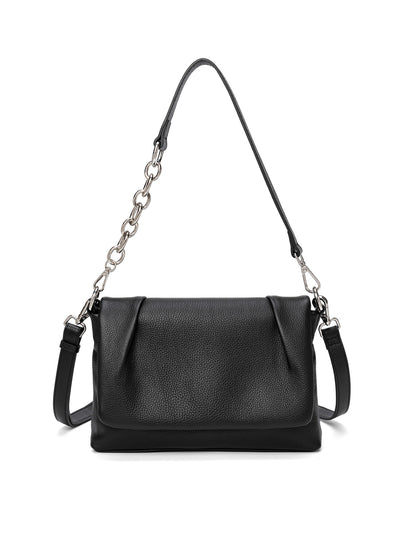 COURTNEY LEATHER CROSS BODY BAG W/ CHAIN HANDLE DETAIL - BLACK