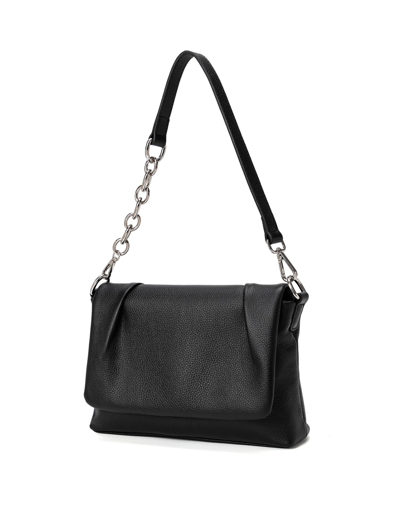 COURTNEY LEATHER CROSS BODY BAG W/ CHAIN HANDLE DETAIL - BLACK