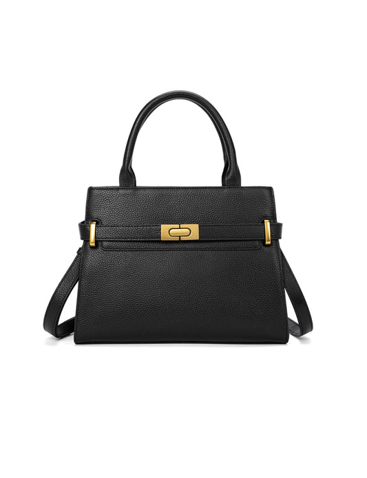 ELEGANT GRACE LEATHER CROSS BODY BAG W/ GOLD CLASP - BLACK