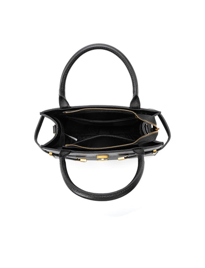 ELEGANT GRACE LEATHER CROSS BODY BAG W/ GOLD CLASP - BLACK