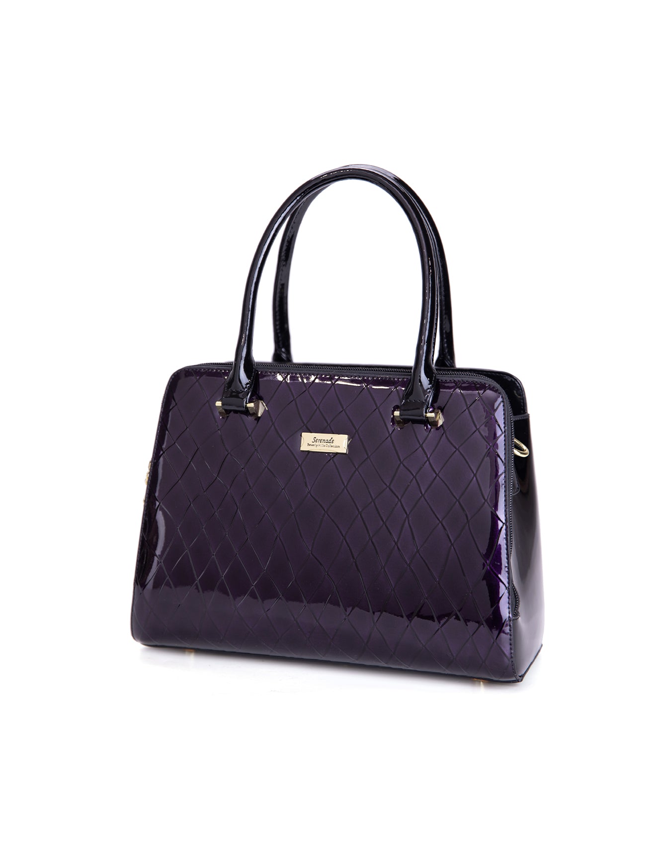 YOLANDA GRIP HANDLE LEATHER BAG- SF27-0343- DEEP PURPLE WITH BLACK TRIM