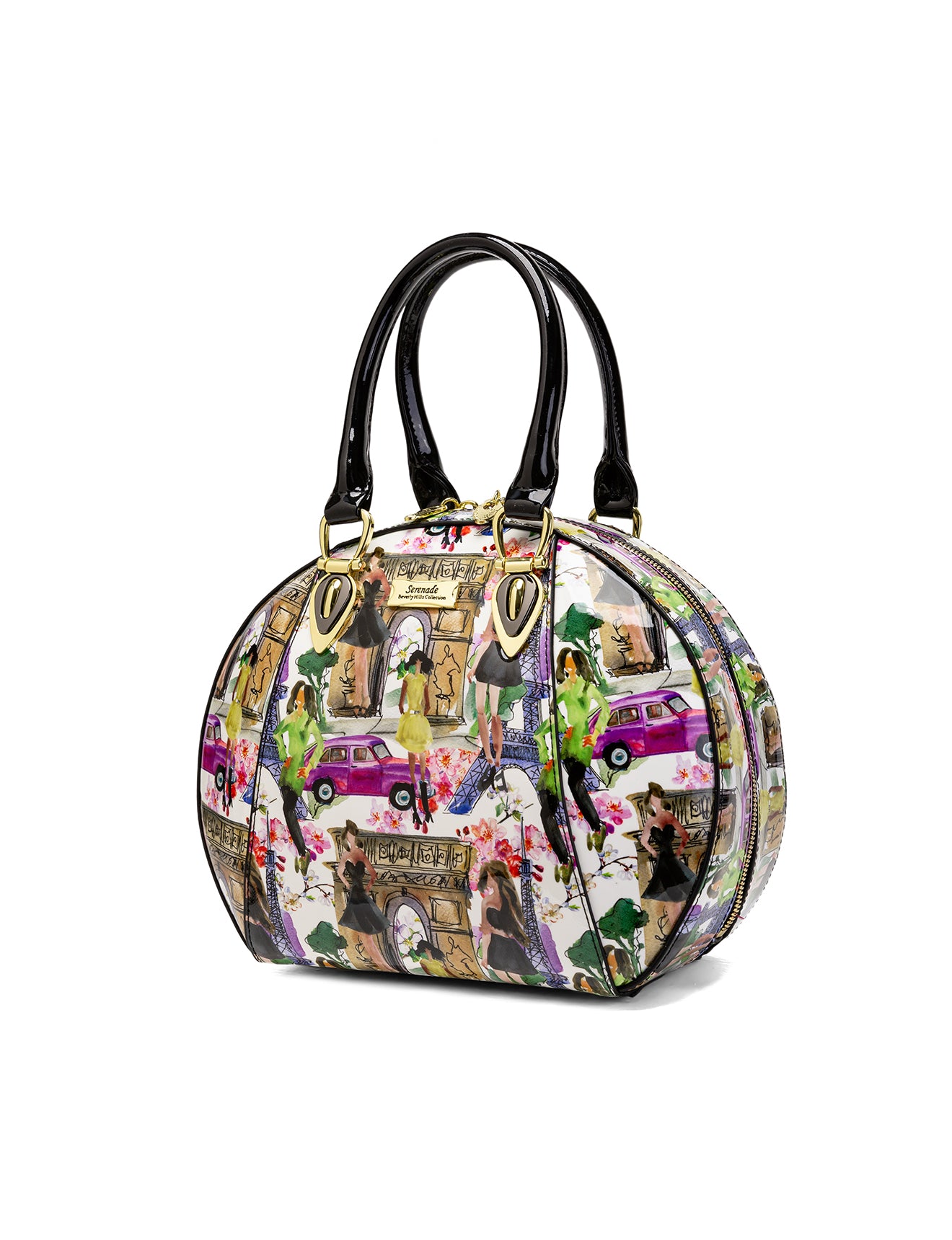 PARIS ROUND PATENT LEATHER BAG - PARIS PRINT