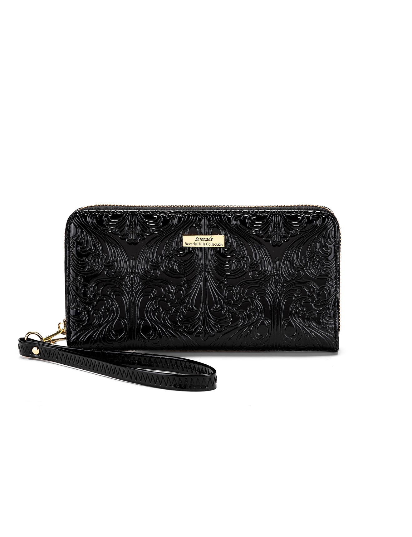 CAROLINA ZIP AROUND PATENT LEATHER WALLET WITH RFID - BLACK