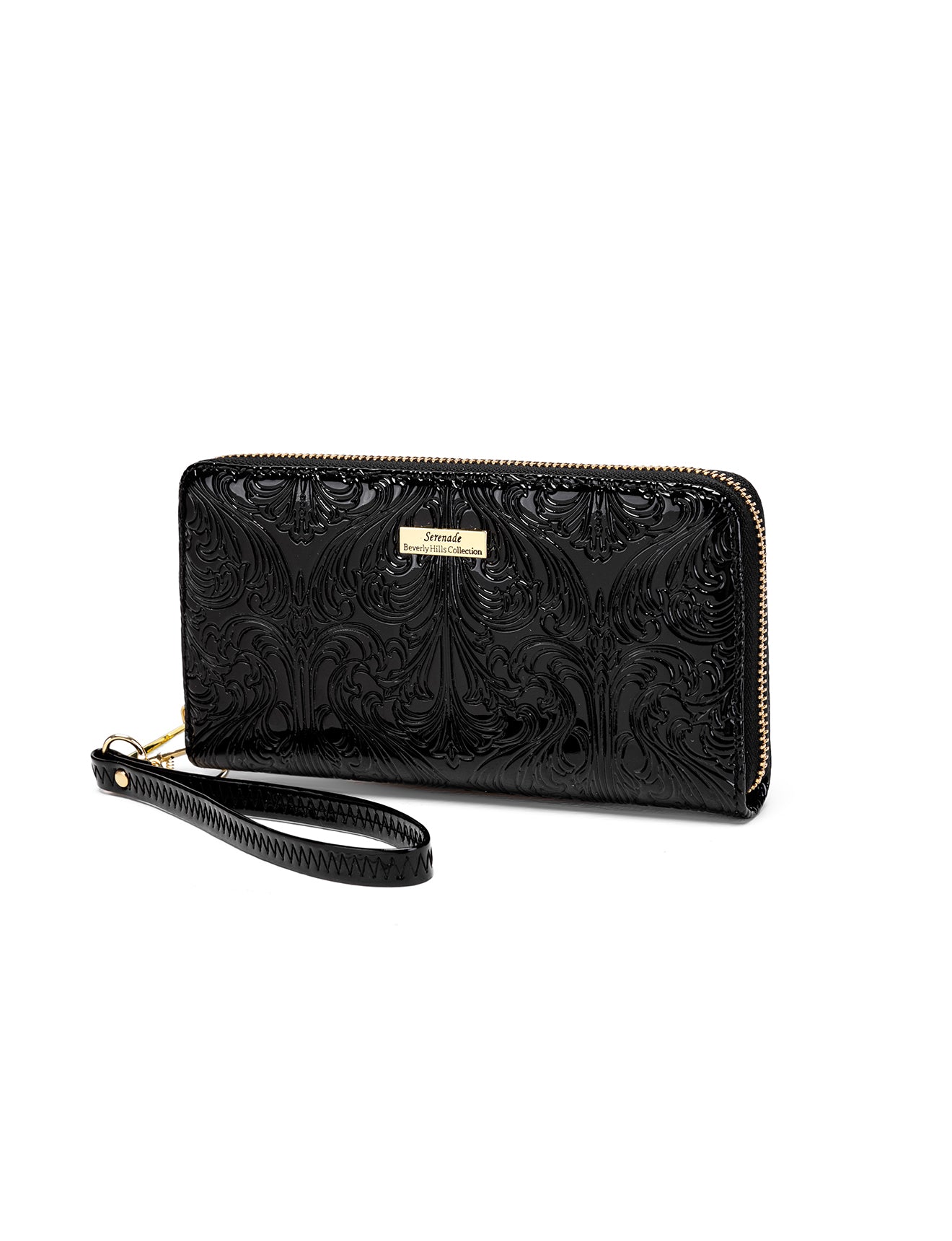 CAROLINA ZIP AROUND PATENT LEATHER WALLET WITH RFID - BLACK