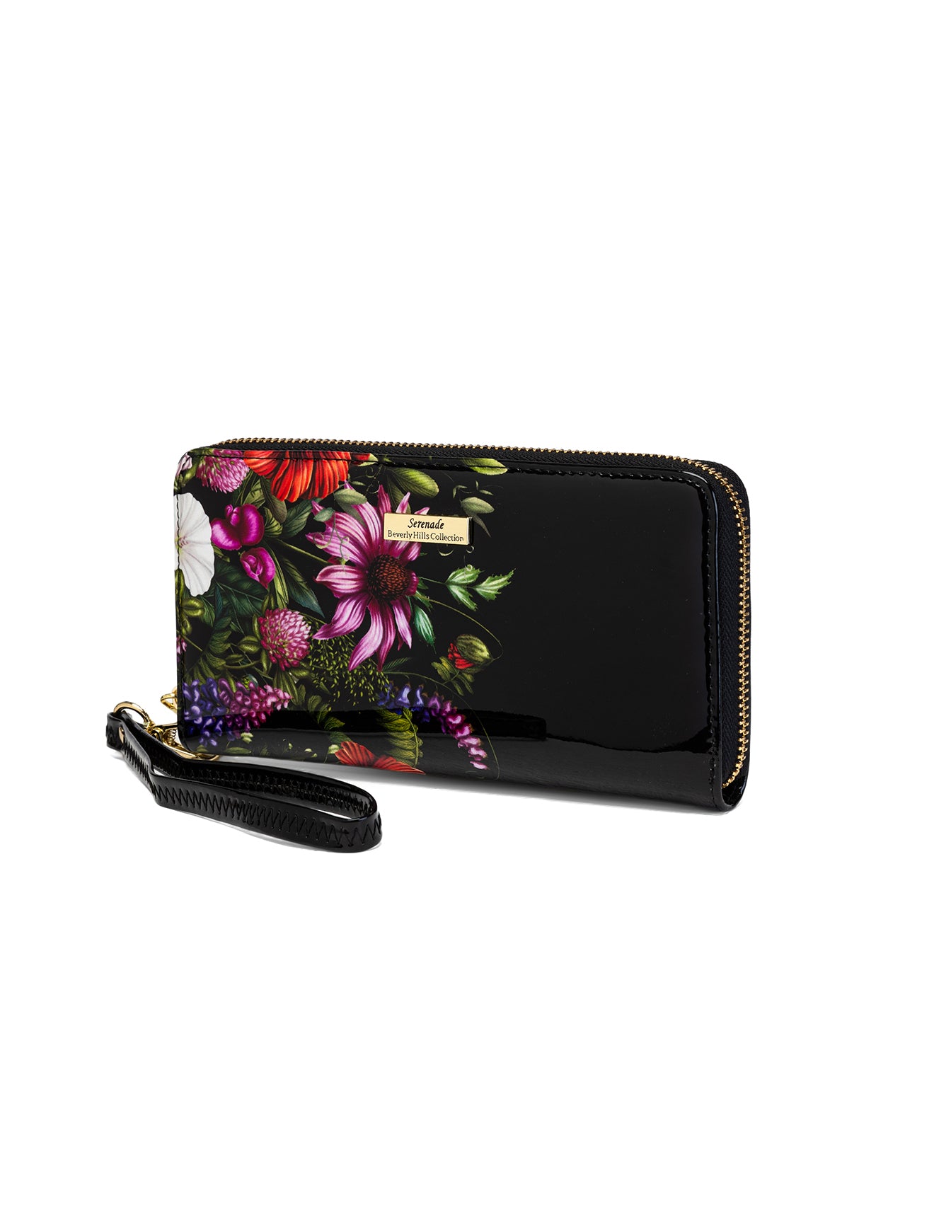 PEONY ZIP AROUND PATENT LEATHER WALLETS WITH RFID  - FLORAL PRINT