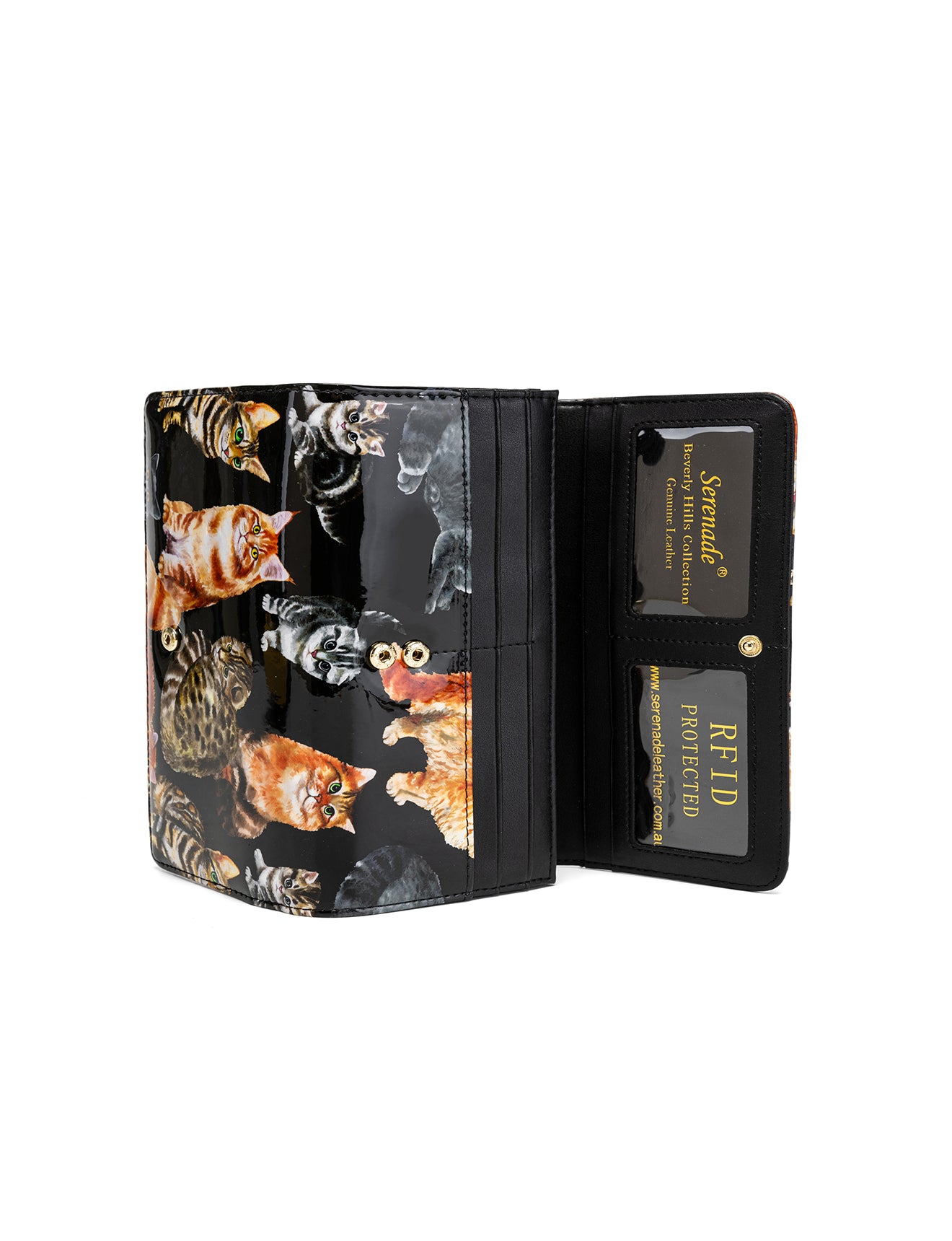 CATS MEOW LARGE PATENT LEATHER WALLET WITH RFID - CAT PRINT