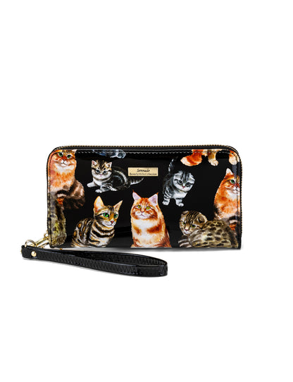 CATS MEOW ZIP AROUND PATENT LEATHER WALLET WITH RFID - CAT PRINT