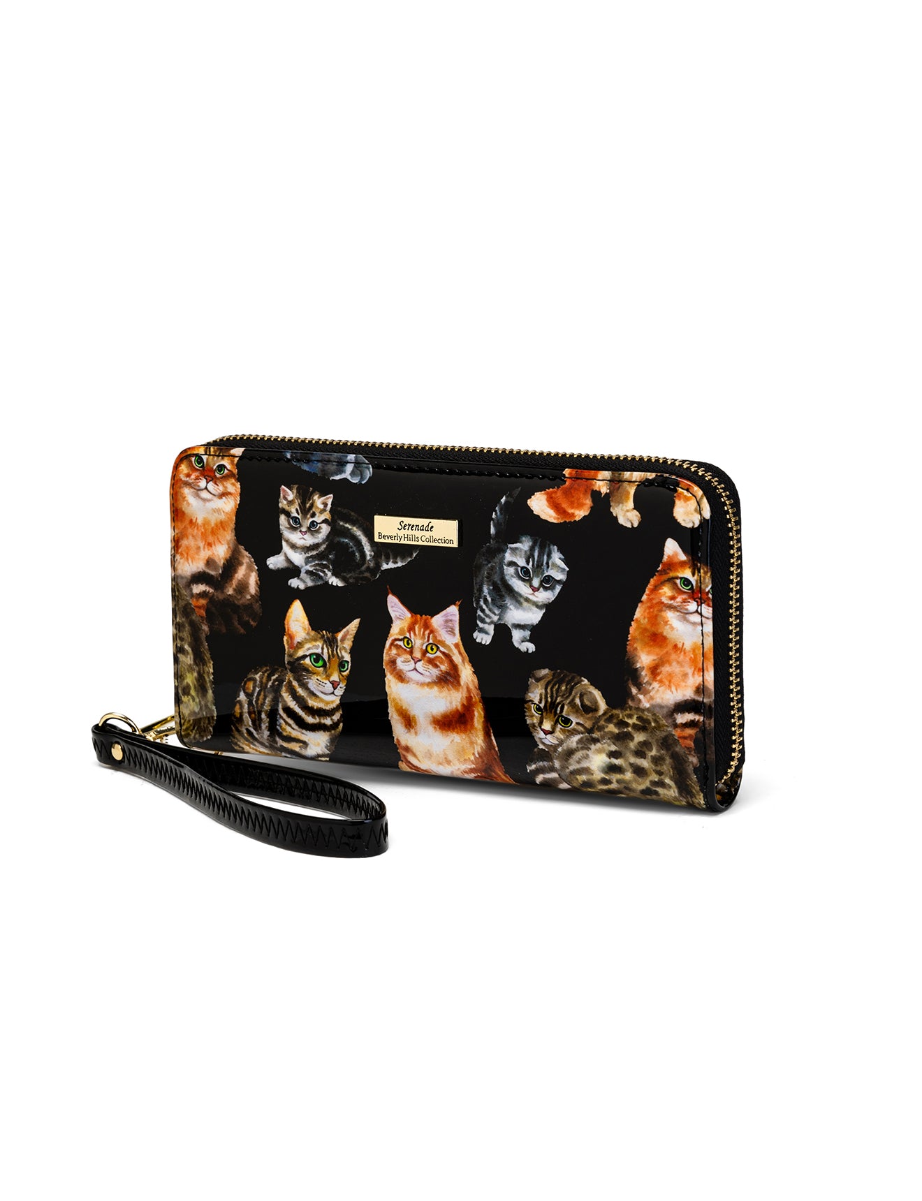 CATS MEOW ZIP AROUND PATENT LEATHER WALLET WITH RFID - CAT PRINT