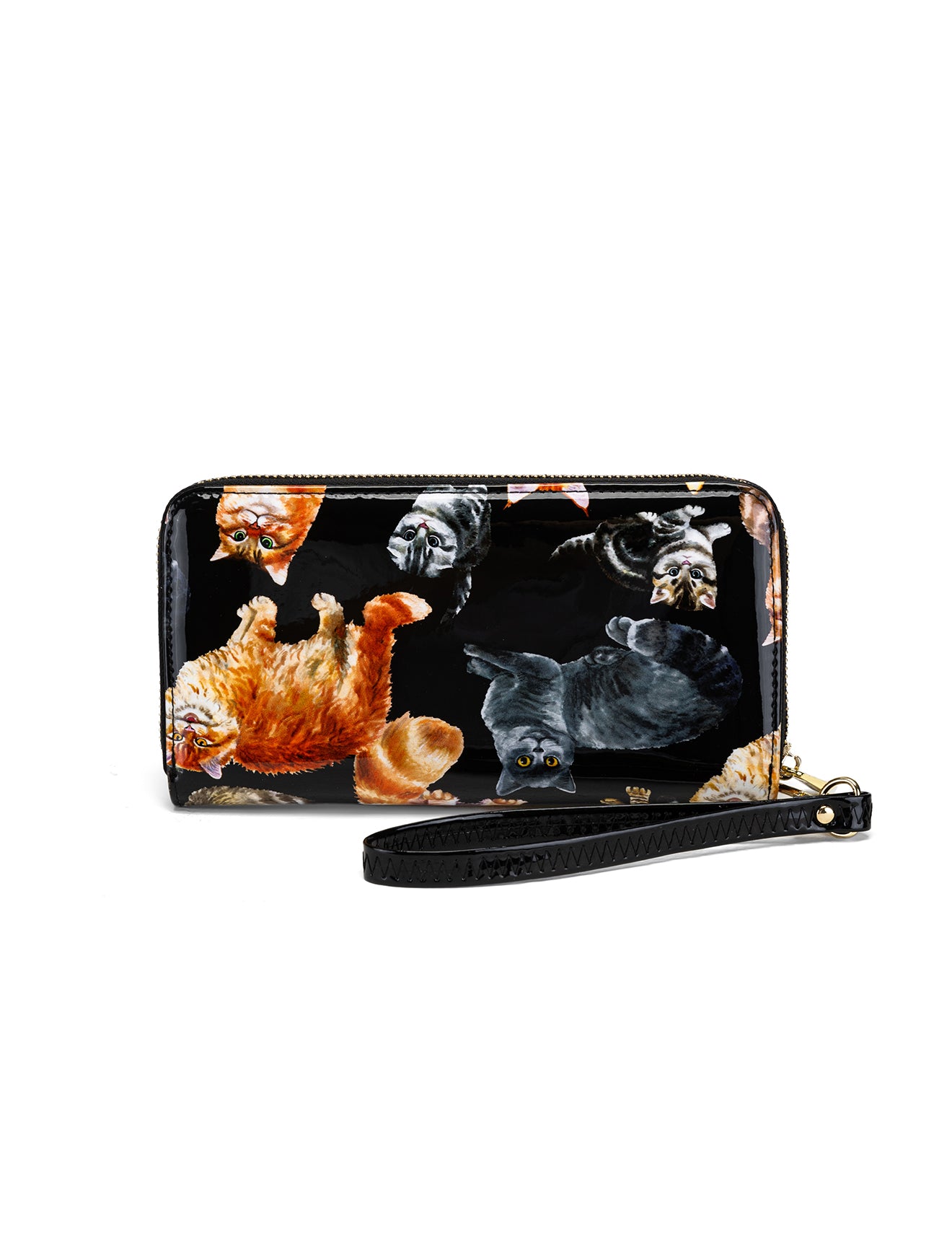 CATS MEOW ZIP AROUND PATENT LEATHER WALLET WITH RFID - CAT PRINT
