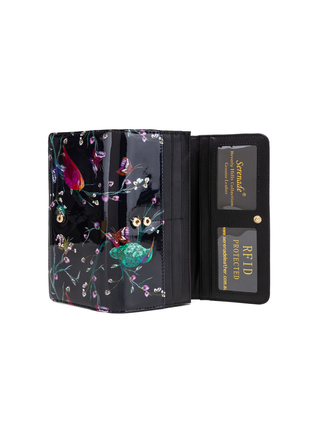 HUMMINGBIRD SINGS LARGE PATENT LEATHER WALLET WITH RFID - BIRD PRINT