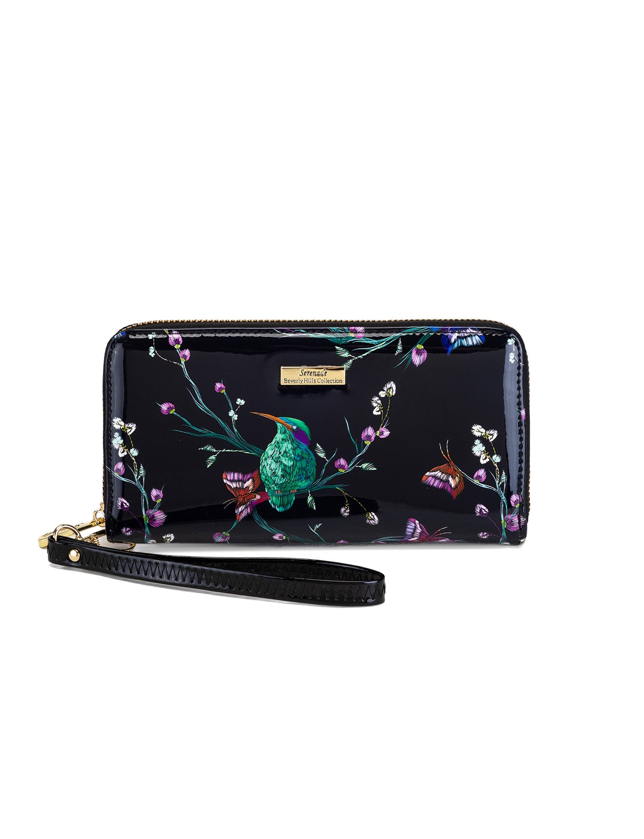 HUMMINGBIRD SINGS ZIP AROUND PATENT LEATHER WALLET WITH RFID - BIRD PRINT