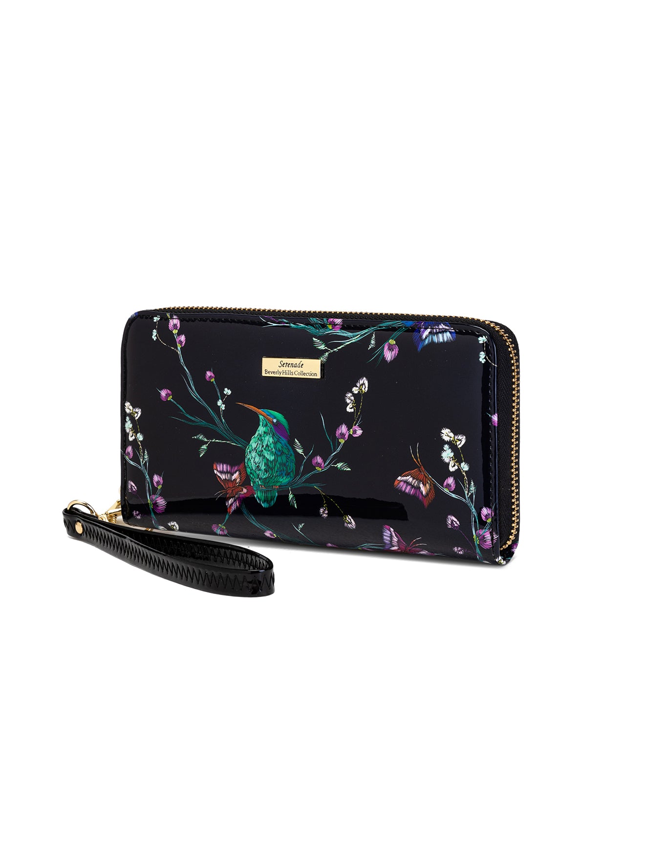 HUMMINGBIRD SINGS ZIP AROUND PATENT LEATHER WALLET WITH RFID - BIRD PRINT
