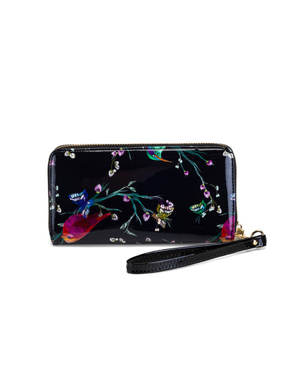 HUMMINGBIRD SINGS ZIP AROUND PATENT LEATHER WALLET WITH RFID - BIRD PRINT
