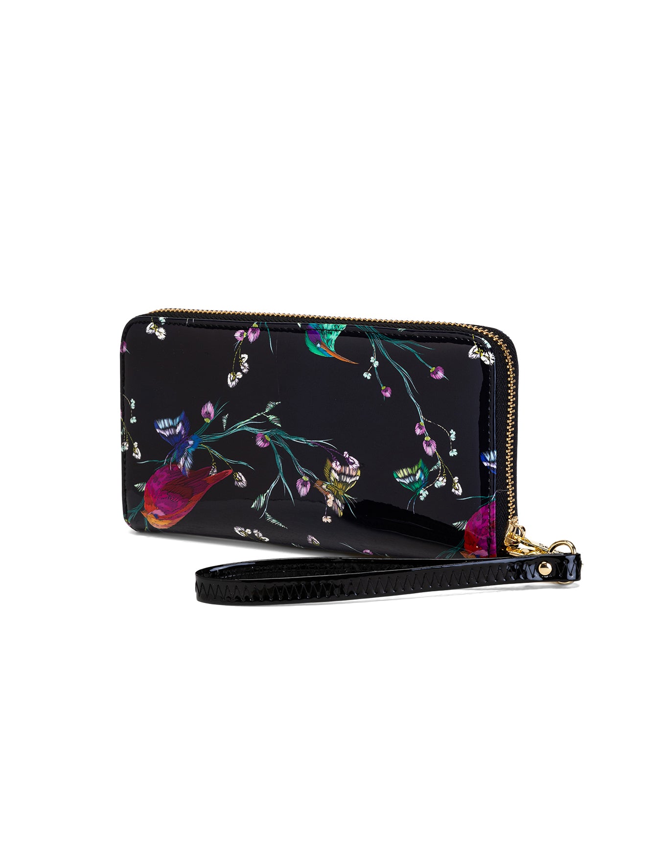HUMMINGBIRD SINGS ZIP AROUND PATENT LEATHER WALLET WITH RFID - BIRD PRINT
