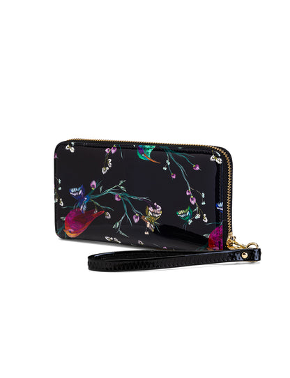 HUMMINGBIRD SINGS ZIP AROUND PATENT LEATHER WALLET WITH RFID - BIRD PRINT