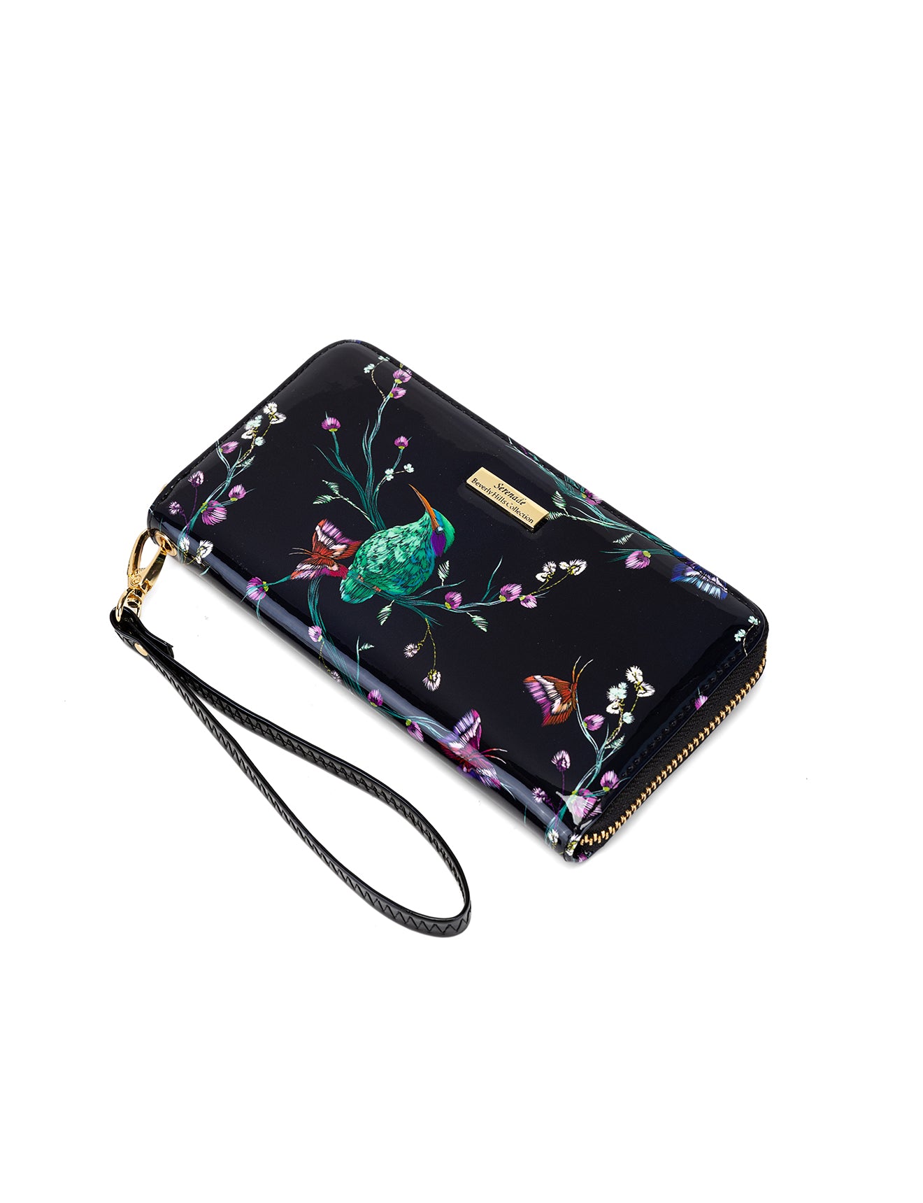 HUMMINGBIRD SINGS ZIP AROUND PATENT LEATHER WALLET WITH RFID - BIRD PRINT