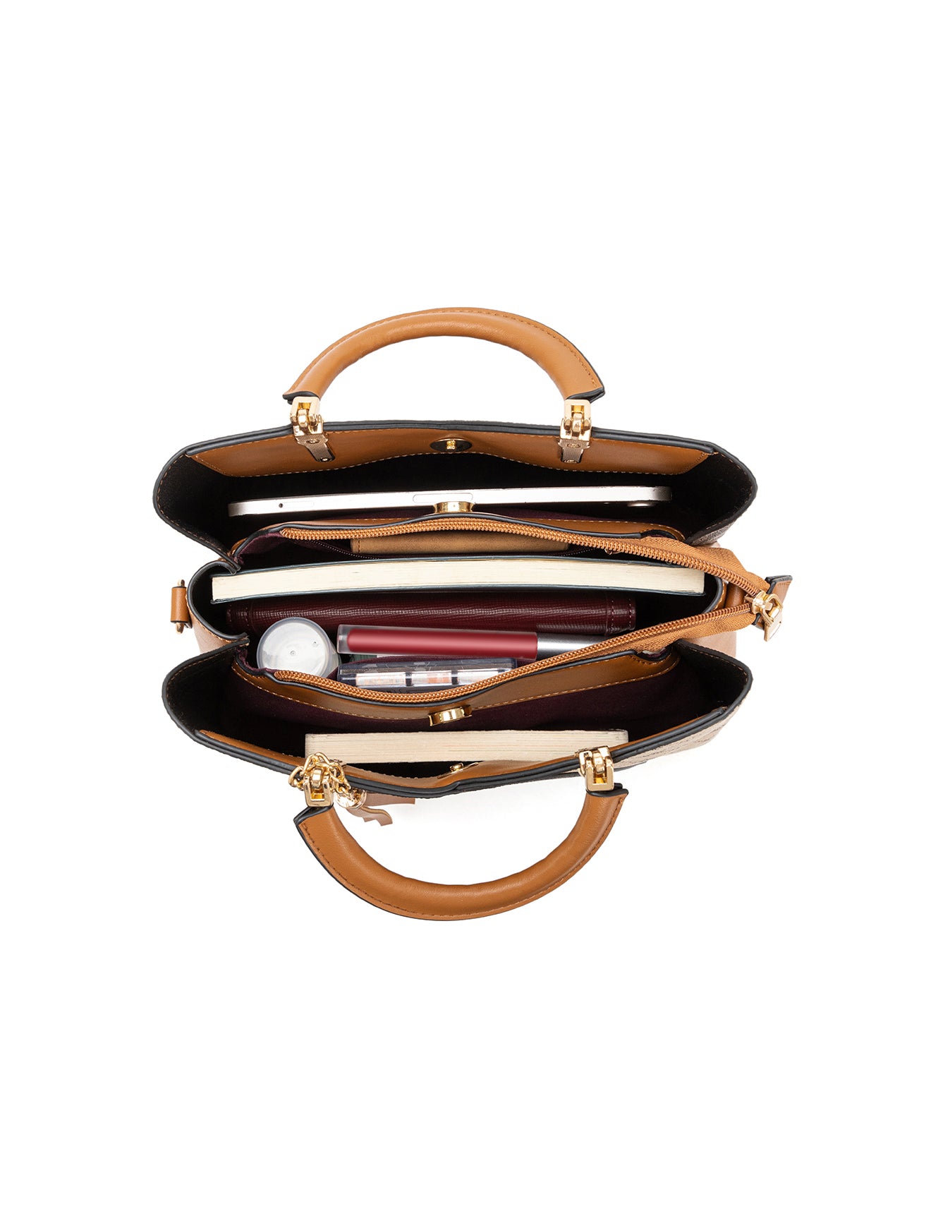 TARA MULTI TRIPLE COMPARTMENT BAG - TAN & BEIGE MULTI